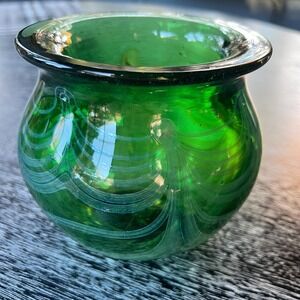 Blown Glass Vase - greenwith blue/gold scallop swirls